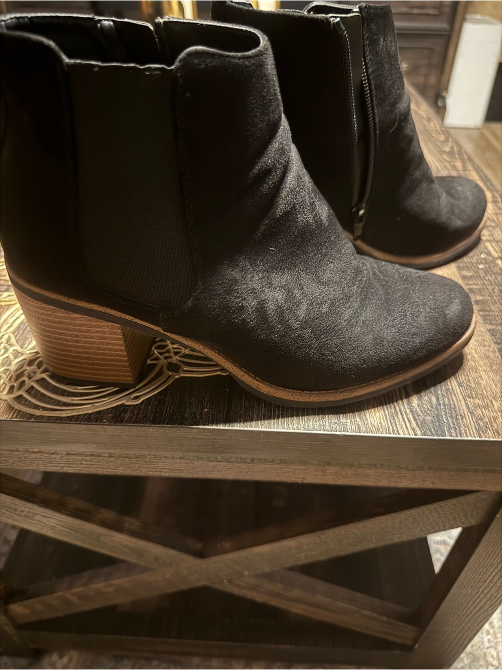 White Mountain Black Suede Ankle Booties with Stacked Heel